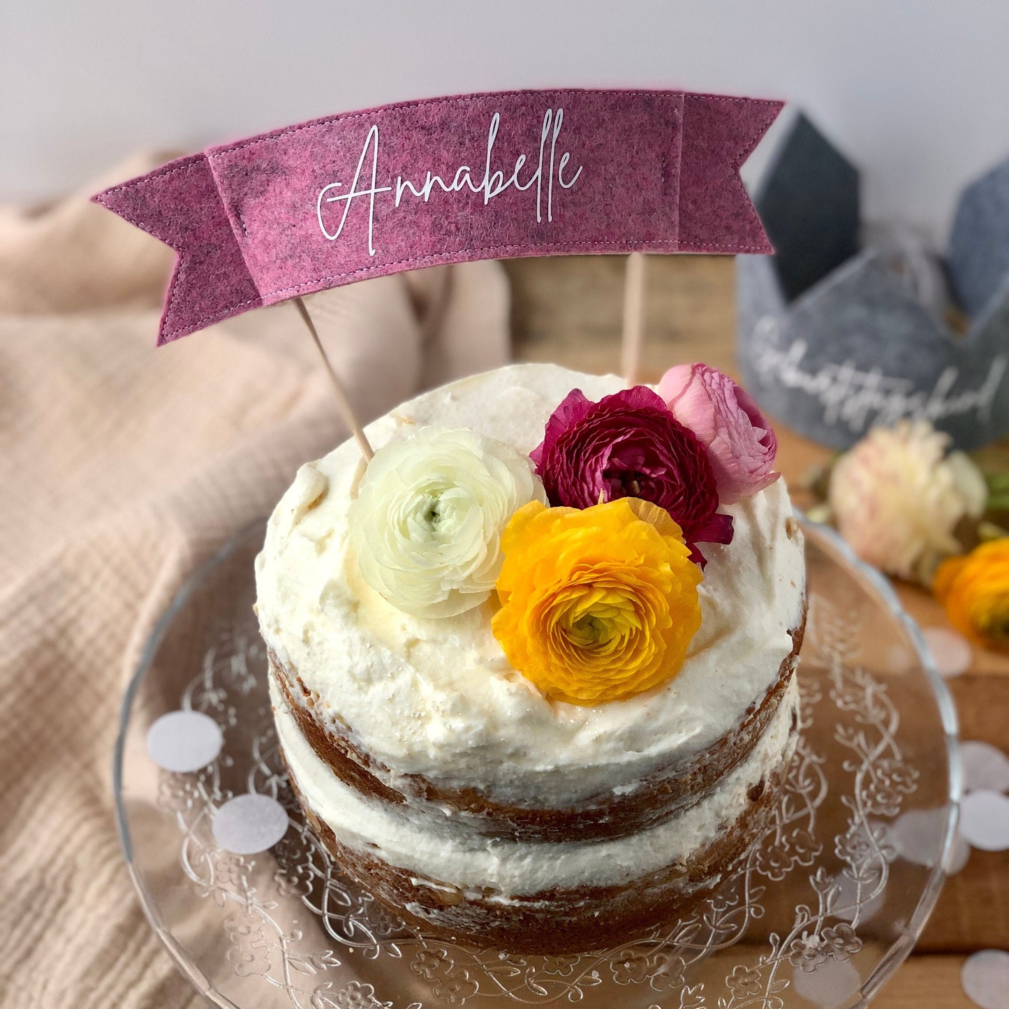 Cake Topper mit Namen personalisiert | Nachhaltiger Topper für den Geburtstagskuchen aus Filz